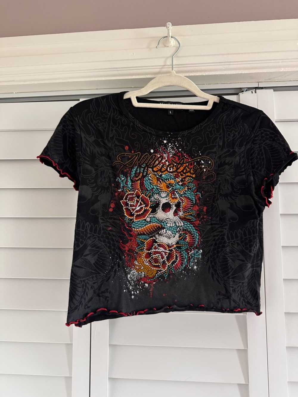 Affliction Black Short Sleeve Graphic Tee with Red Trim
